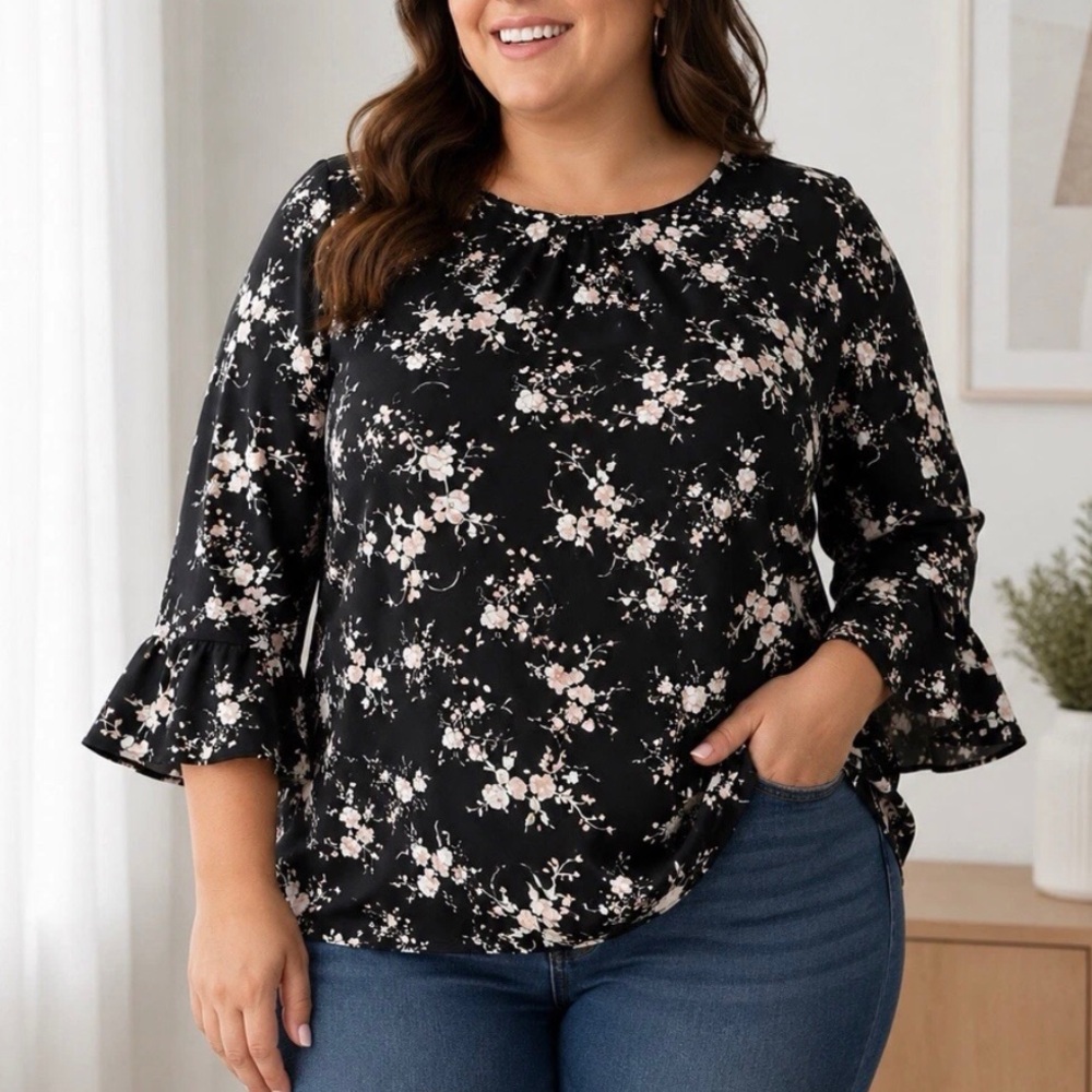 Karl Lagerfeld Paris Blouse Women 3XL Black Floral Bell Sleeve Pearl Accent N7